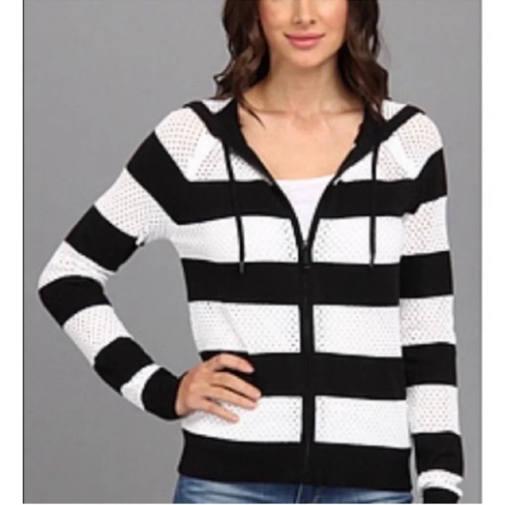 MICHAEL Michael Kors Black White Striped Open Knit Zip Up Hoodie M